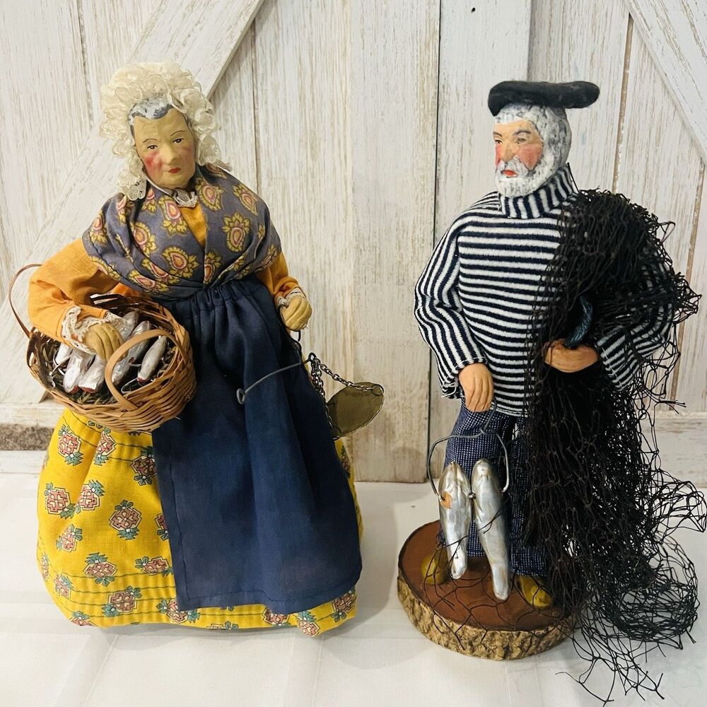 French Santons de Provence Style Fisherman & Fish Seller Dolls Vintage 10"H